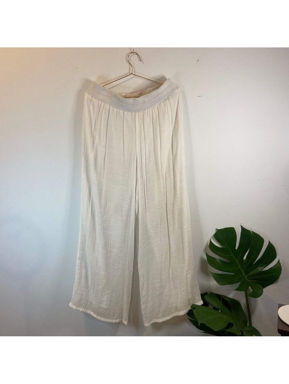 White Boho Palazzo Pants Resortwear Quiet Luxury Wide Leg Pants Size XL